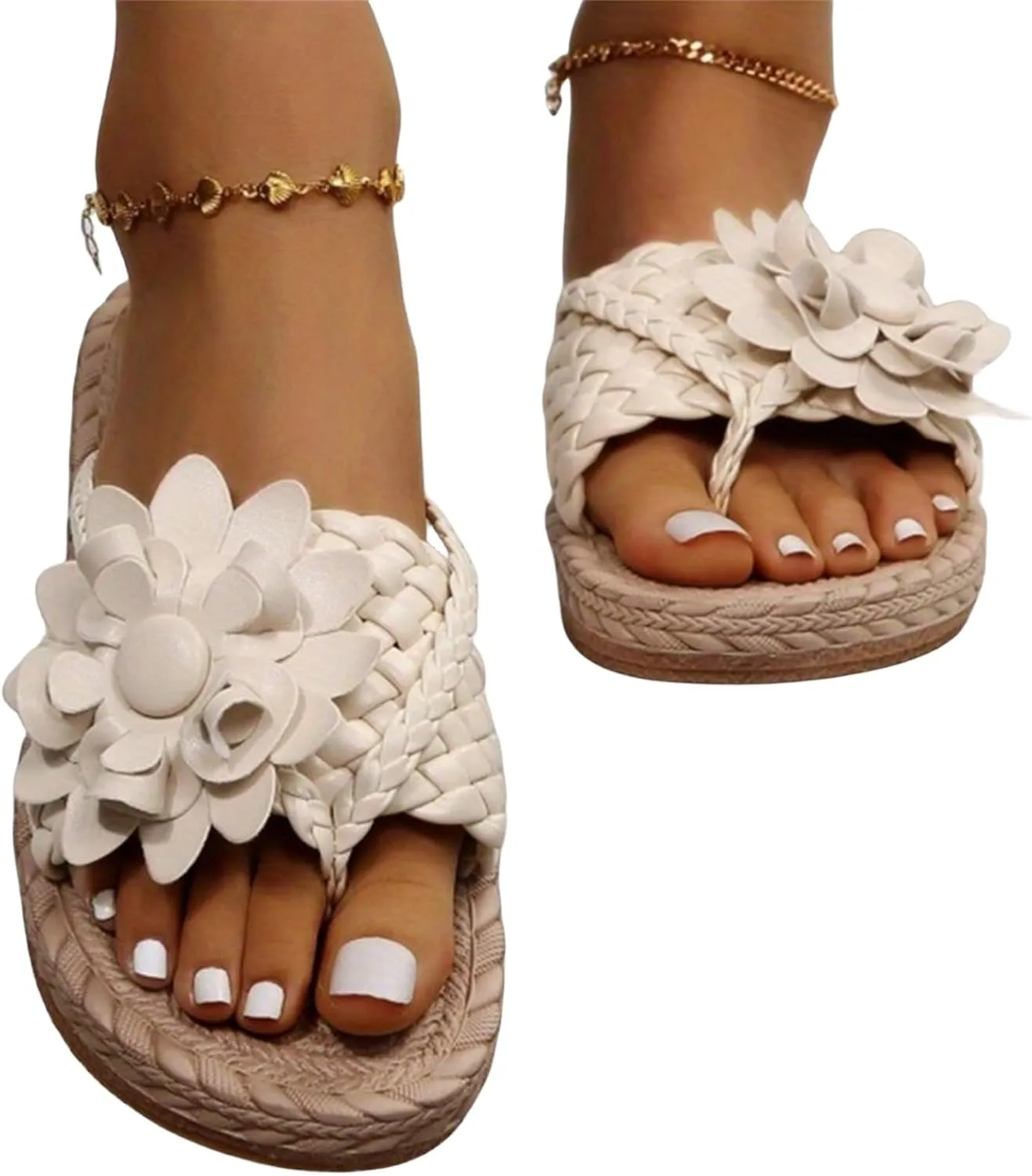 Braided Floral Pattern Sandal Straw Footbed Slide Sandals 3D Stereoscopic Floral Design Shoes Woven Slip On Flats Cute Flower Stylish Slides Detail Toe Post Sandal