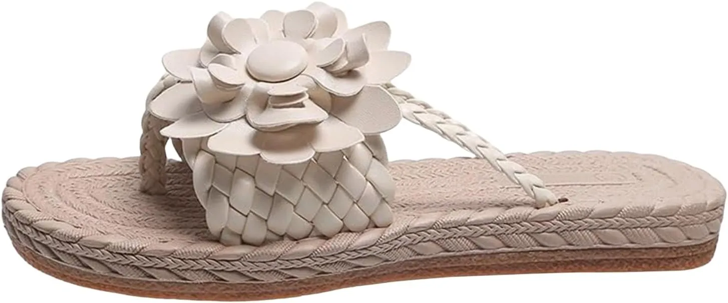 Braided Floral Pattern Sandal Straw Footbed Slide Sandals 3D Stereoscopic Floral Design Shoes Woven Slip On Flats Cute Flower Stylish Slides Detail Toe Post Sandal