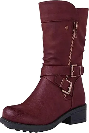 Cowboy Boots for Women,Women Fashion Mid Calf Cowgirl Waterproof Western Round Toe Boot Ladies Casual Combat (Red, 9)