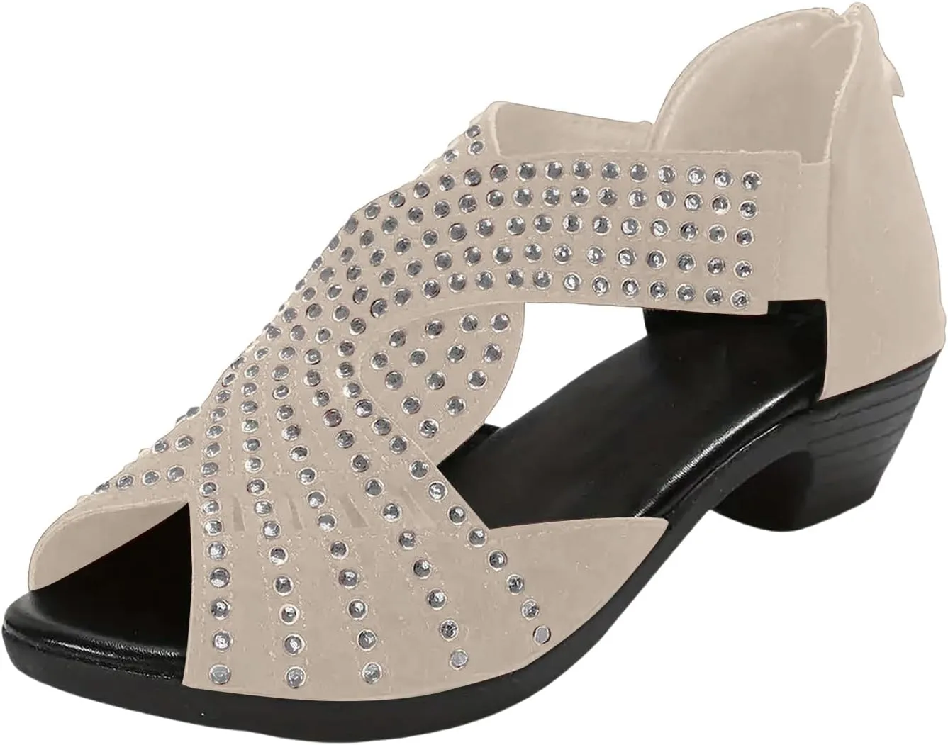 Orthopedic Low Heel Sandals for Women Sparkly Rhinestone Open Toe Sandal Dressy Cut Out Sandals Comfortable Fish Mouth Shoes Business Office Shoes with Arch Support