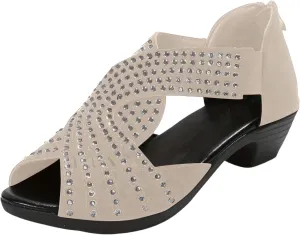 Orthopedic Low Heel Sandals for Women Sparkly Rhinestone Open Toe Sandal Dressy Cut Out Sandals Comfortable Fish Mouth Shoes Business Office Shoes with Arch Support
