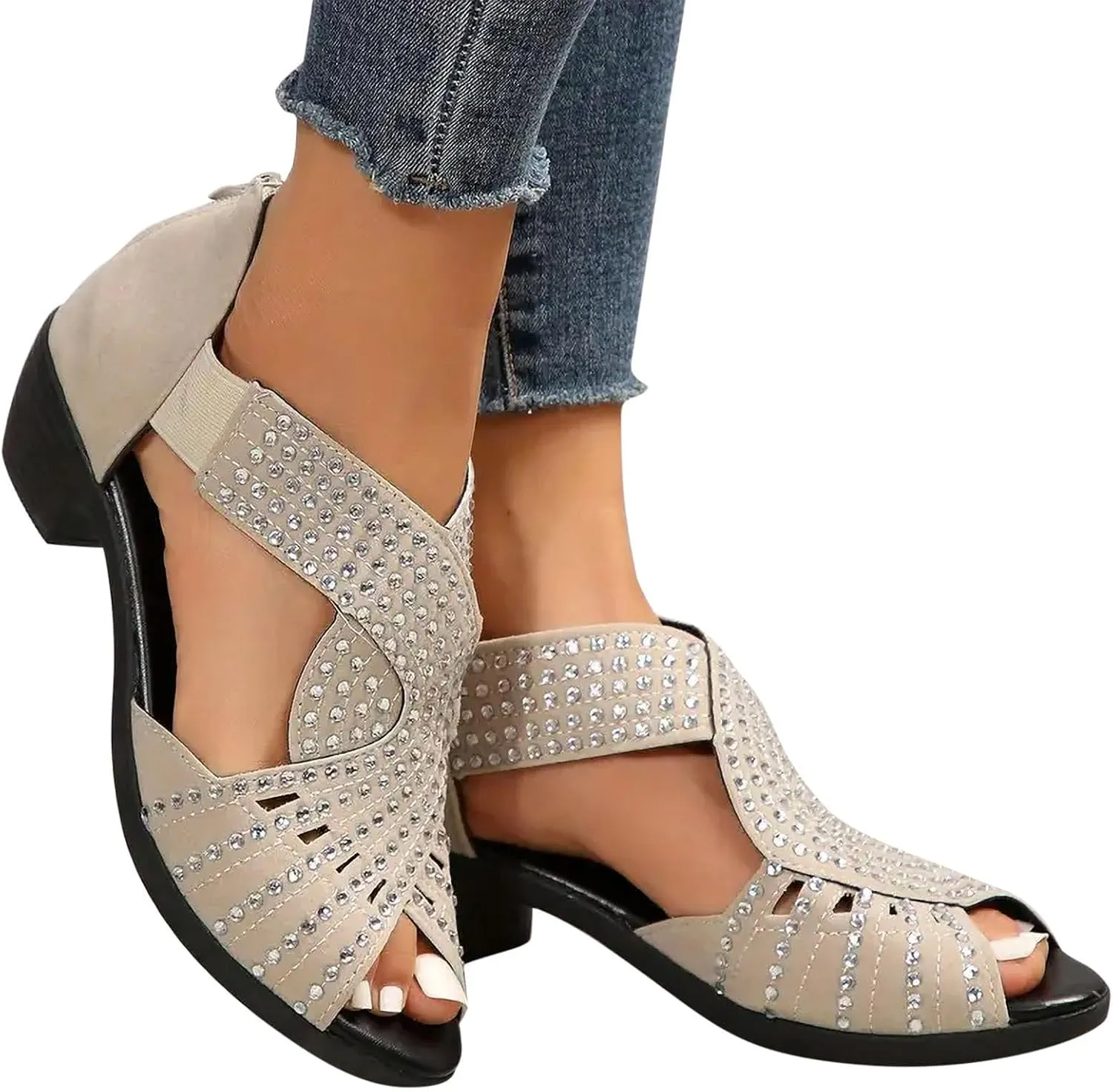 Orthopedic Low Heel Sandals for Women Sparkly Rhinestone Open Toe Sandal Dressy Cut Out Sandals Comfortable Fish Mouth Shoes Business Office Shoes with Arch Support