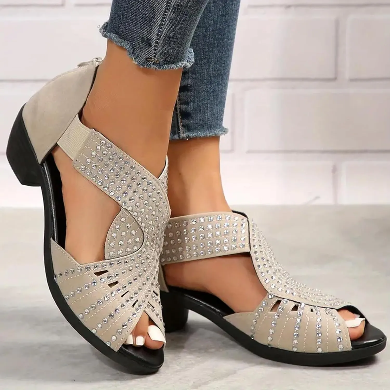 Orthopedic Low Heel Sandals for Women Sparkly Rhinestone Open Toe Sandal Dressy Cut Out Sandals Comfortable Fish Mouth Shoes Business Office Shoes with Arch Support